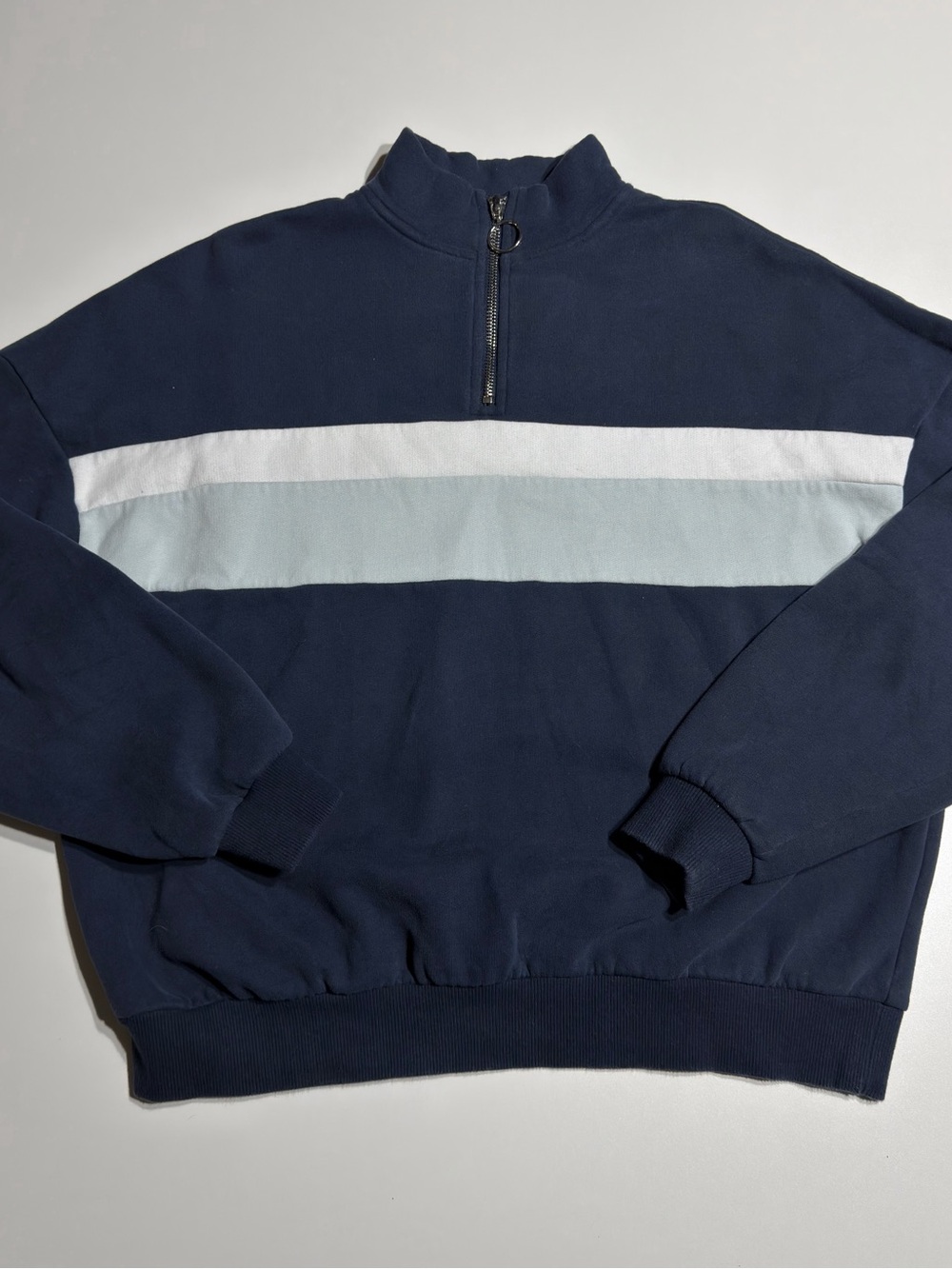 Women’s Navy Quarter-Zip Sweatshirt with White and Light Blue Stripe